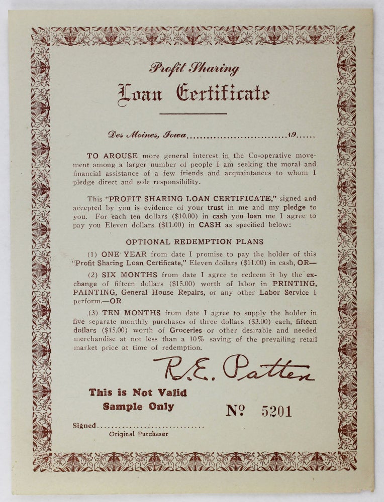 Item #3518 Profit Sharing Loan Certificate [caption title]. African Americana.