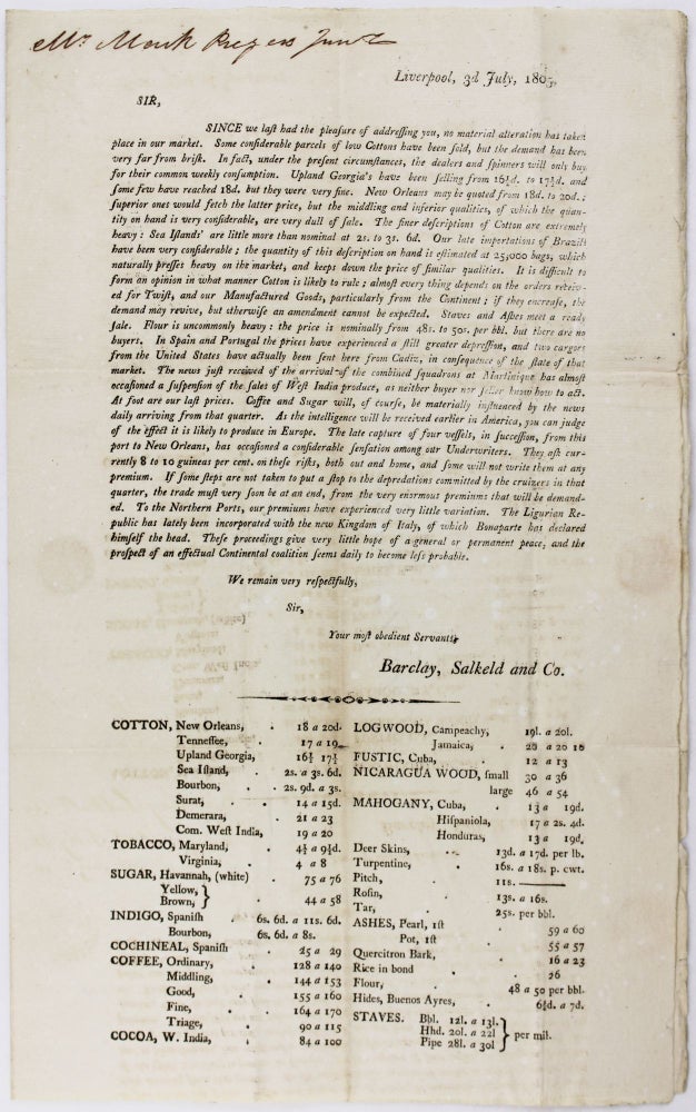 Item #3622 [Printed Circular from a Liverpool Commission Merchant Reporting on the Current Market and Prices for Cotton, Tobacco, Sugar, and Other Products Reaped by Slave Labor in the Americas]. Triangle Trade, Salkeld and Company Barclay.