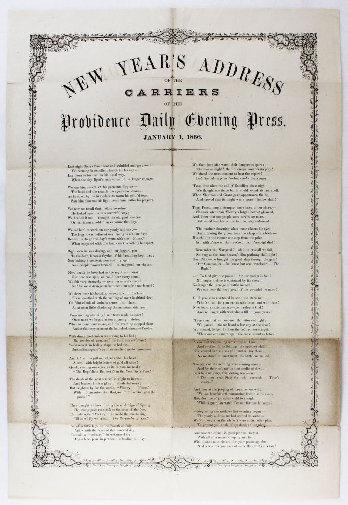 Item #3677 New Year's Address of the Carriers of the Providence Daily Evening Press. January 1, 1866 [caption title]. Carrier's Address.