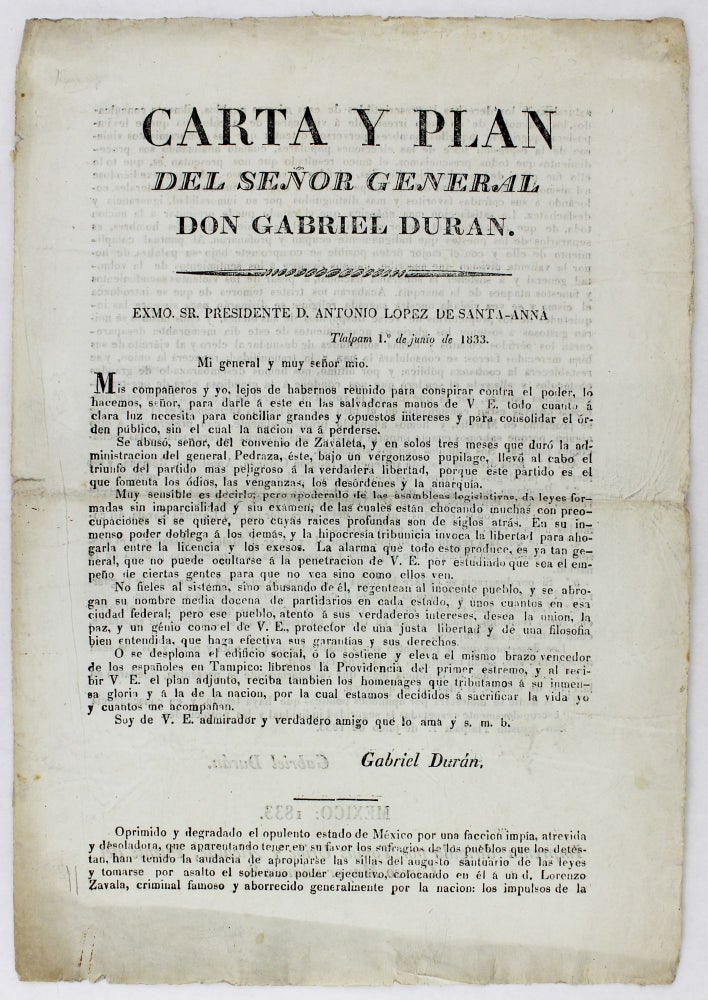 Item #3694 Carta y Plan del Señor General Don Gabriel Duran... [caption title]. Gabriel Durán, Lorenzo de Zavala.