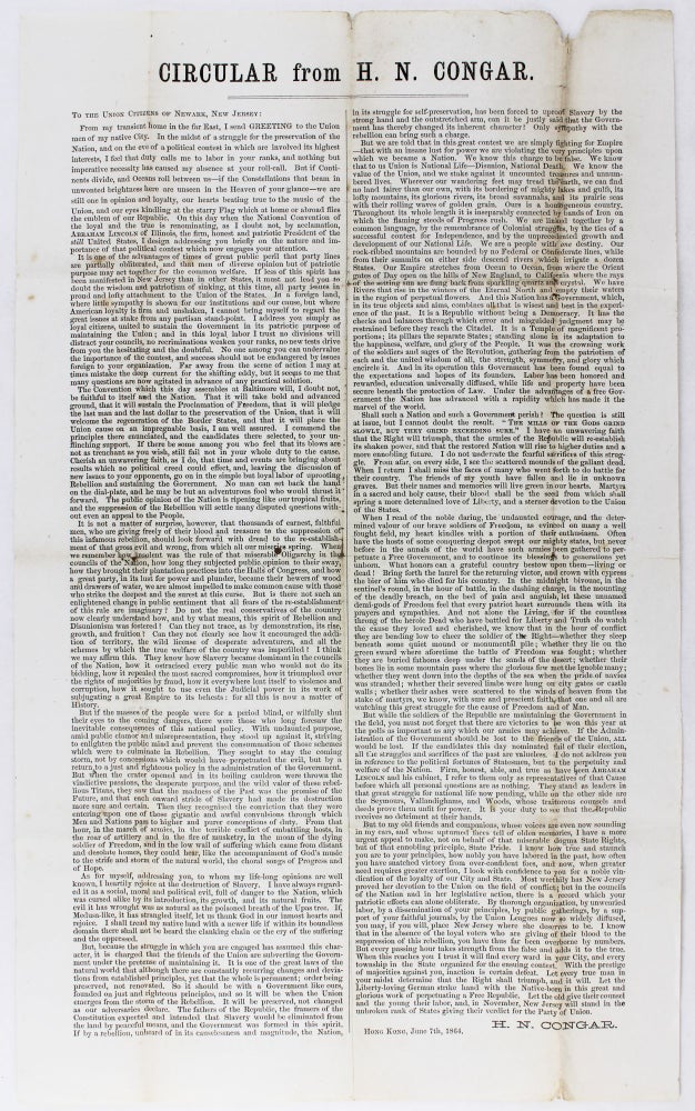 Item #3721 Circular from H.N. Congar. To the Union Citizens of Newark, New Jersey: From My Transient Home in the Far East, I Send Greeting to the Union Men of My Native City...[caption title and beginning of text]. Election of 1864, Horace N. Congar, New Jersey.