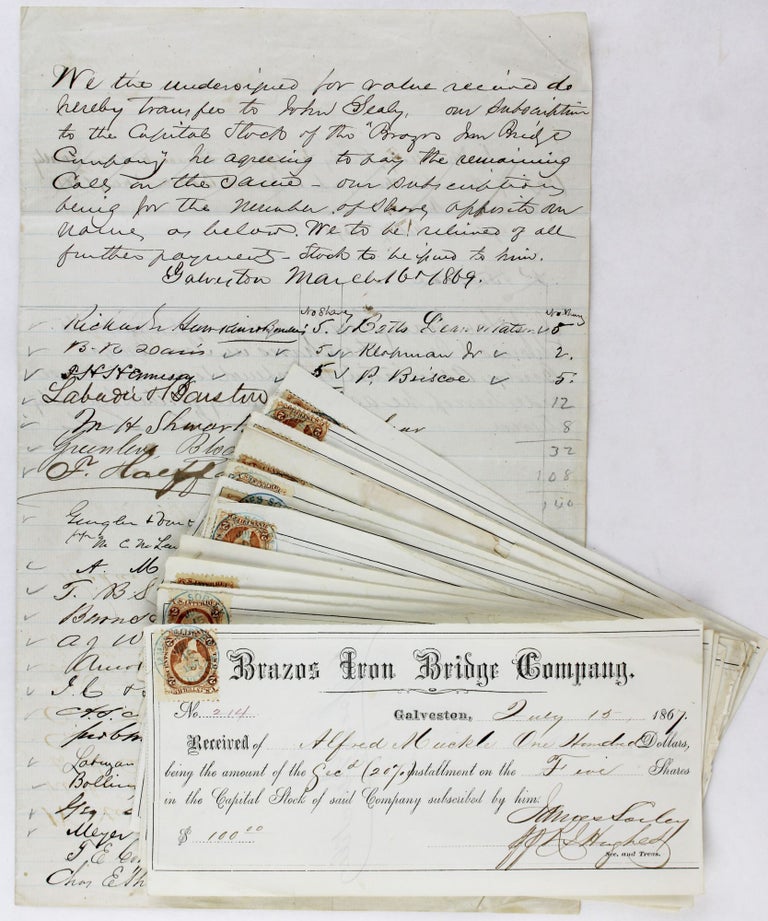 Item #3723 [Manuscript Document Relating to the Transfer of Shares in the Brazos Iron Bridge Company, Accompanied by Thirteen Receipts for Transfer of Shares]. Texas, Railroads, Brazos Iron Bridge Company.