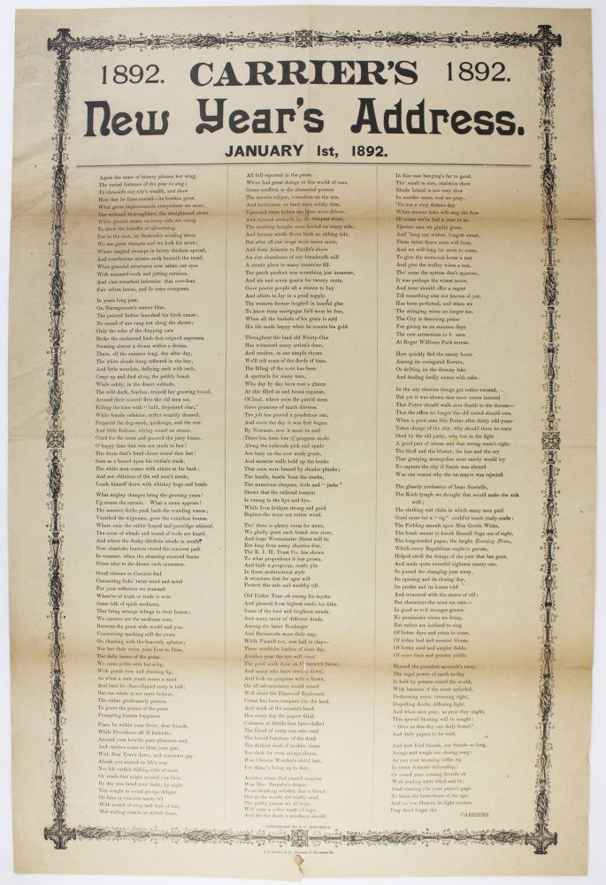 Item #3803 1892. 1892. Carrier's New Year's Address. January 1st, 1892. Carrier's Address, Samuel N. Mitchell, Rhode Island.