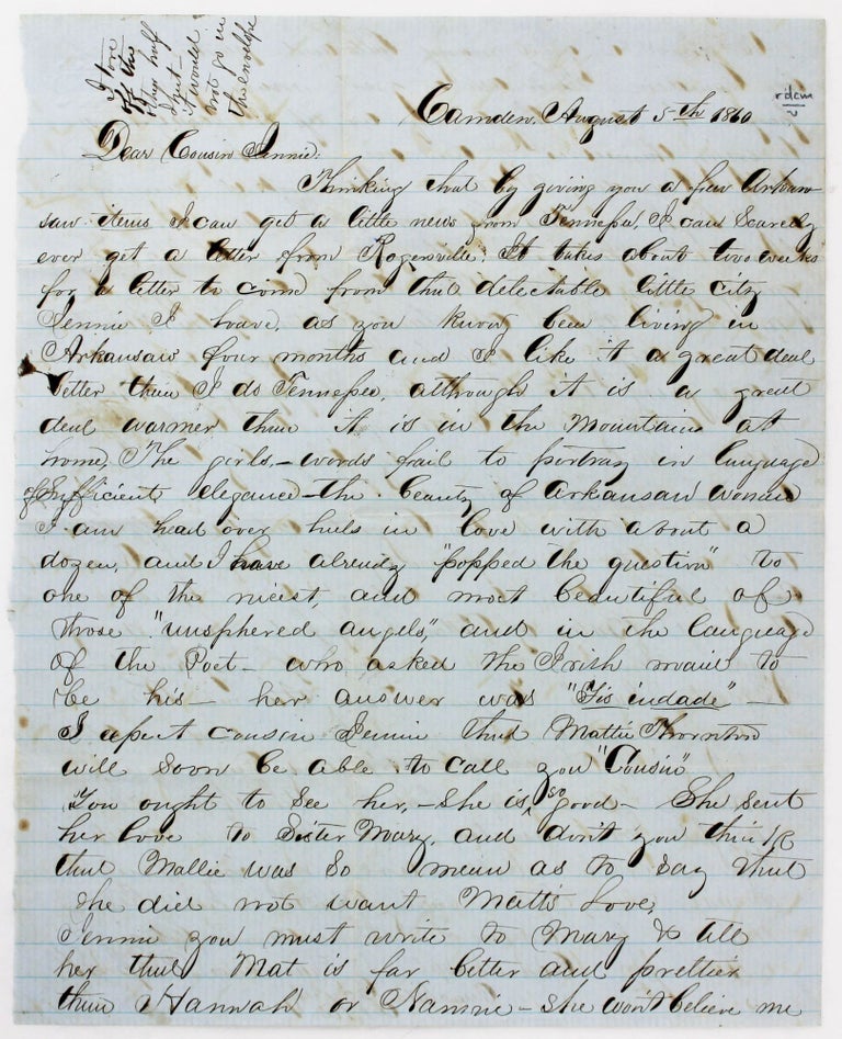 Item #4077 [Manuscript Letter, Signed, by Settler Lawrence P. Speck, Discussing Politics and Job Opportunities in Antebellum Arkansas]. Arkansas, Lawrence P. Speck.