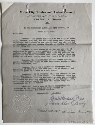 Five Copies of a Typed Letter, Signed by Various Trade Unions Regarding Unemployment and the. Montana, Labor Unions.