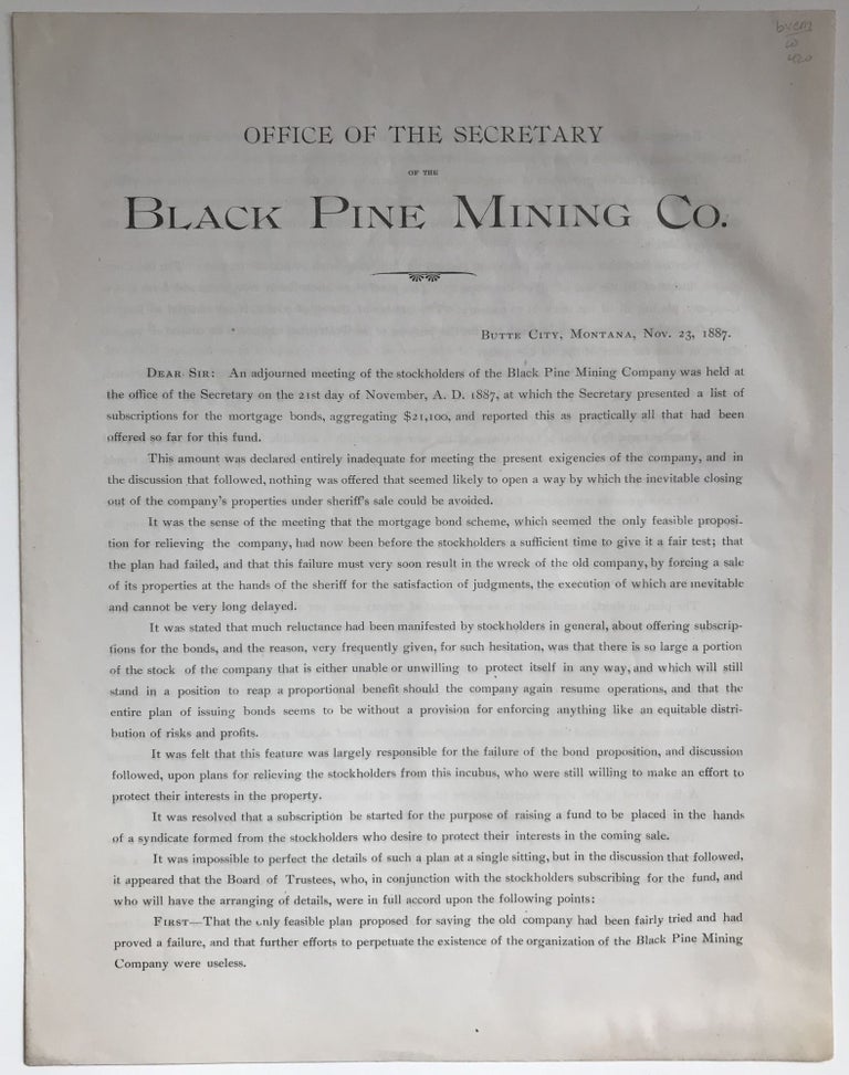 Item #420 Office of the Secretary of the Black Pine Mining Co. [caption title]. Montana, Mining.