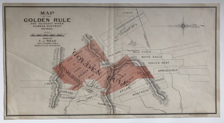 Item #431 Map of the Golden Rule and Adjacent Mines, Eureka District Nevada. Drawn by T.J. Read Supt. Eureka Con. & Deputy U.S. Surveyor [caption title]. Nevada, Mining.