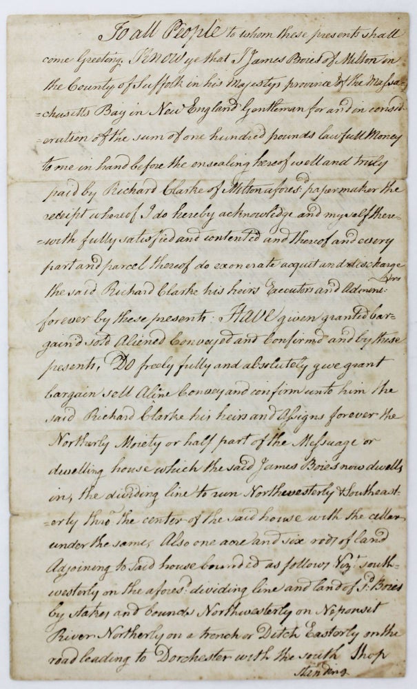 Item #4379 [Manuscript Document Establishing the Paper Mill of James Boies of Milton, Massachusetts]. Papermaking, Massachusetts.