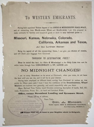 Item #457 To Western Emigrants. Having Been Appointed Ticket Agent of the Ohio & Mississippi...