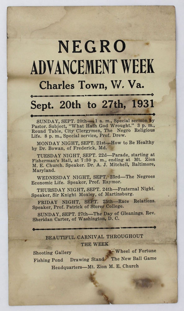 Item #4592 Negro Advancement Week Charles Town, W. Va. Sept. 20th to 27th, 1931. African Americana, West Virginia.