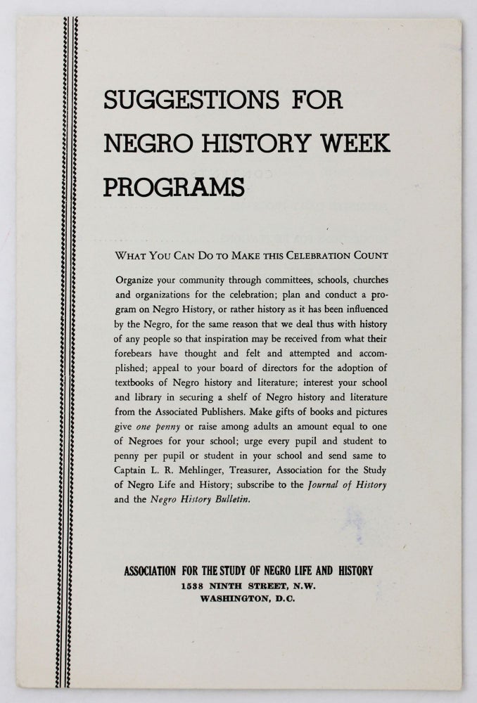 Item #4593 Suggestions for Negro History Week Programs [wrapper title]. African Americana, Negro History Week, Langston Hughes.