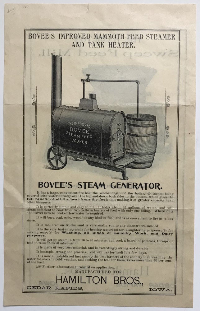 Item #460 Bovee's Improved Mammoth Feed Steamer and Tank Heater / The Hamilton Sweep Feed Mills [caption title]. Iowa, Advertising.