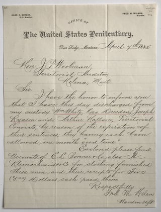 Item #558 [Autograph Letter of Discharge from a Montana Penitentiary for Four Inmates, Signed by...