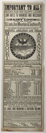 Item #638 Important to All! Bound for the Happy Lands! Low Rates to Arkansas and Missouri via...