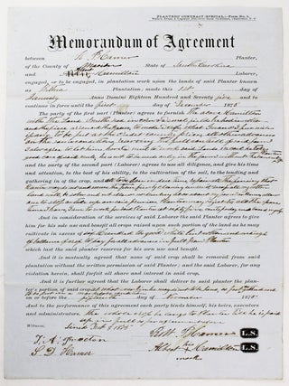 Printed Form, Completed in Manuscript, Detailing an Agreement Between a Planter and a Sharecropper. Sharecropping, South Carolina.