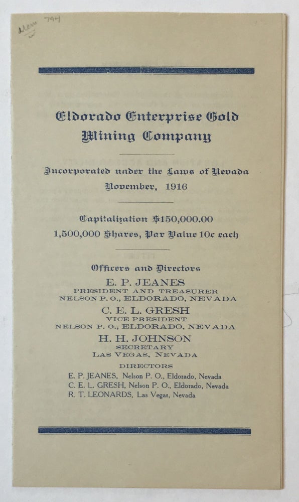 Item #794 Eldorado Enterprise Gold Mining Company. Incorporated Under the Laws of Nevada, November, 1916 [caption title]. Nevada, Mining.