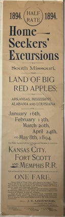 Item #847 1894. Half Rate. 1894. Home Seekers' Excursions to South Missouri, the Land of Big Red...