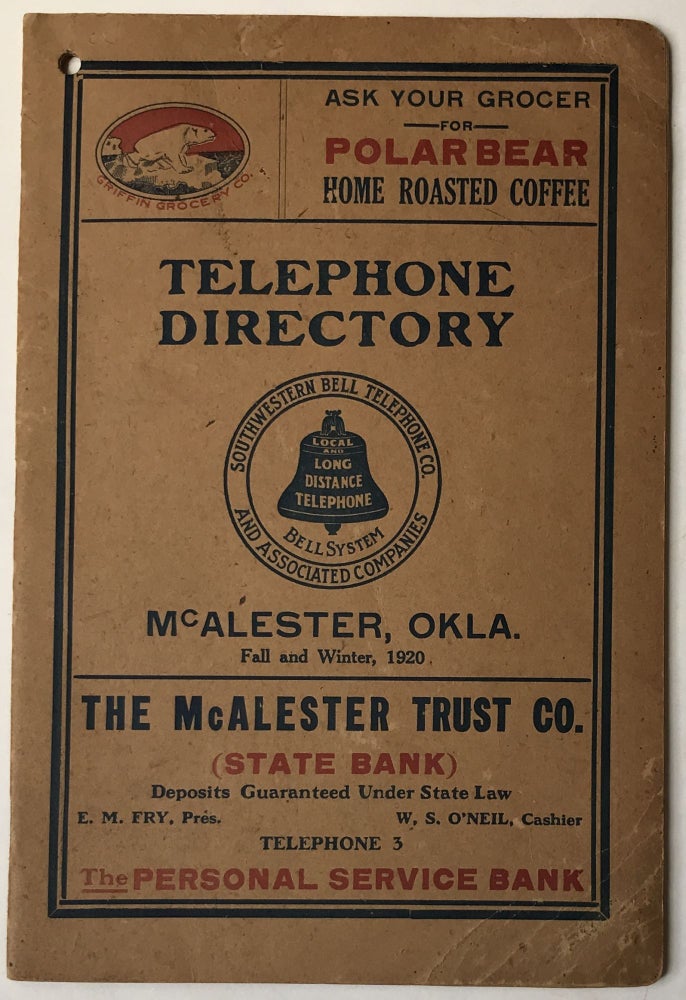 Item #864 Telephone Directory McAlester, Okla. Fall and Winter, 1920. Oklahoma.
