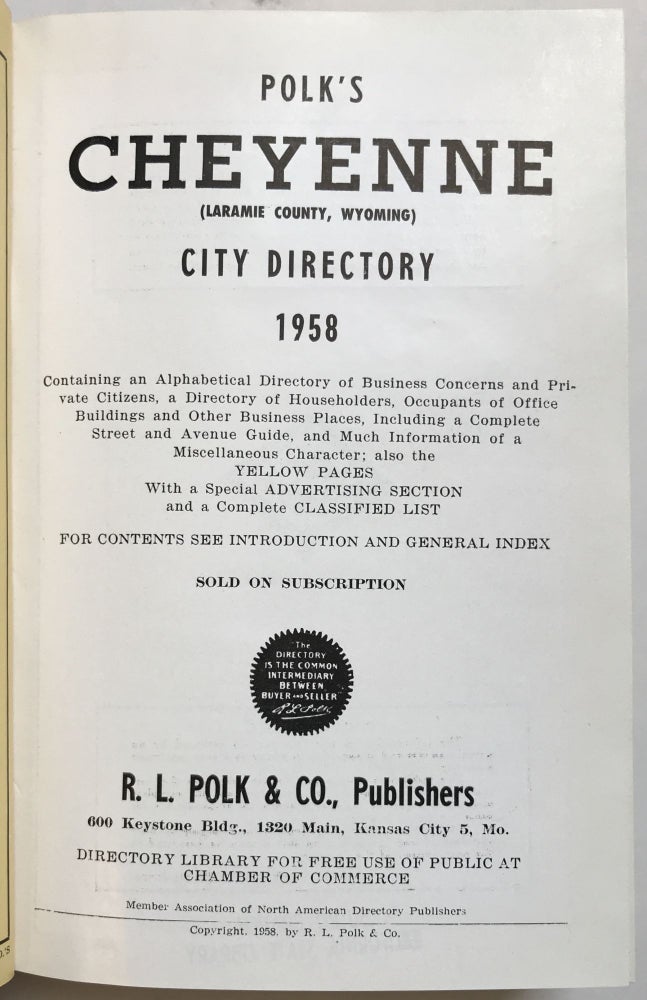 Item #908 Polk's Cheyenne (Laramie County, Wyoming) City Directory 1958. Wyoming.